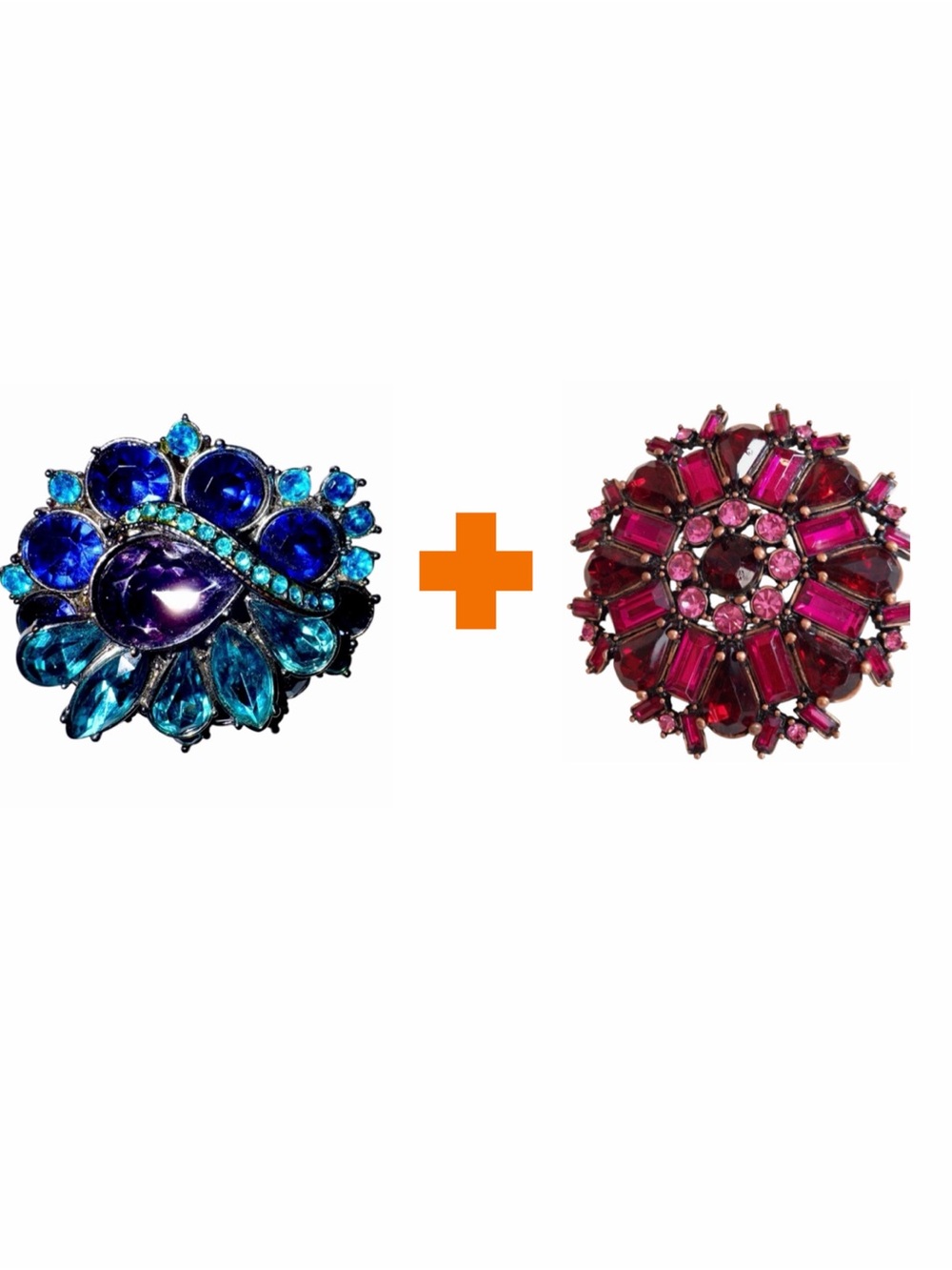 Set of 2 Colourful Vintage Brooches in Shades of Blue/Green & Pink/Purple/Red